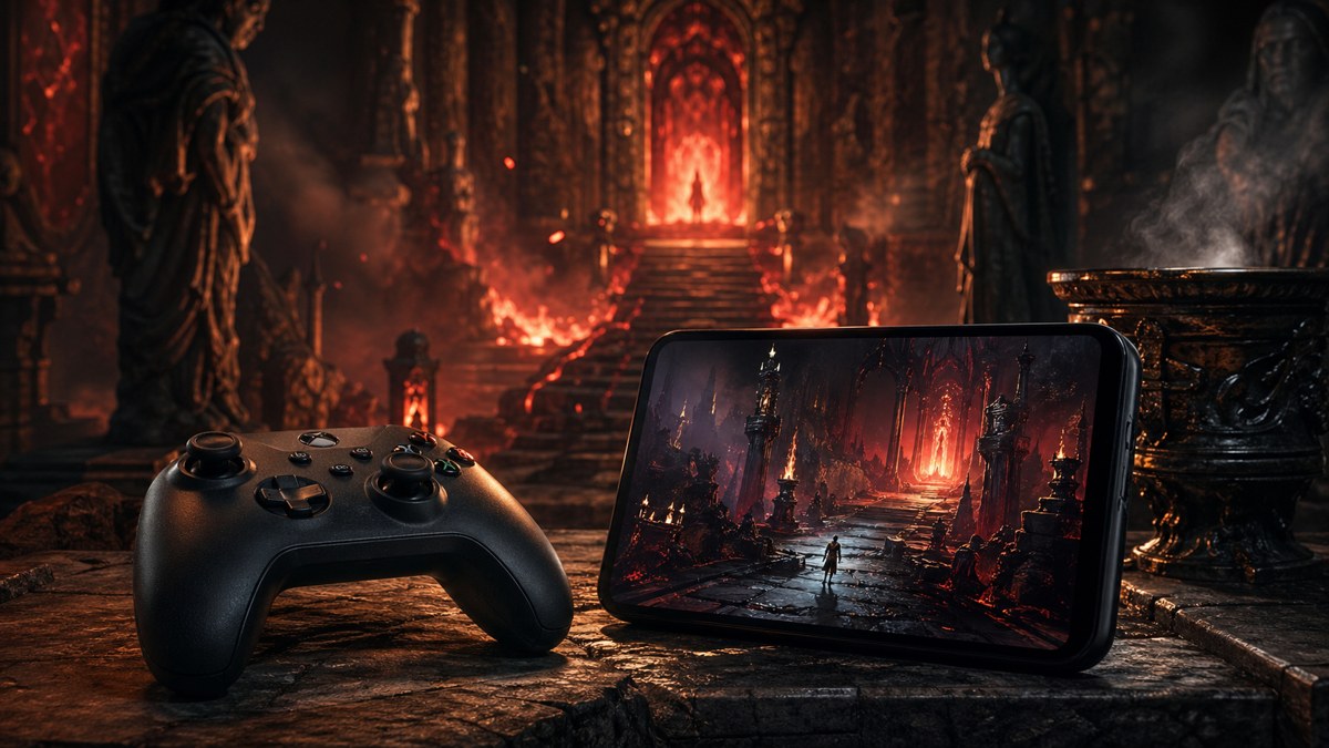 Controle em uma mesa de pedra diante de uma cena com fogo e atmosfera de fantasia sombria.