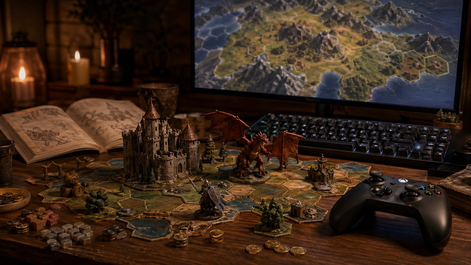 Mesa com mapa de estrategia, miniaturas de castelo e dragao, teclado e controle.