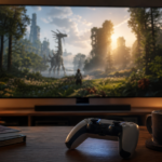 Controle em mesa de sala diante de TV com cena desfocada de floresta pós-apocalíptica.