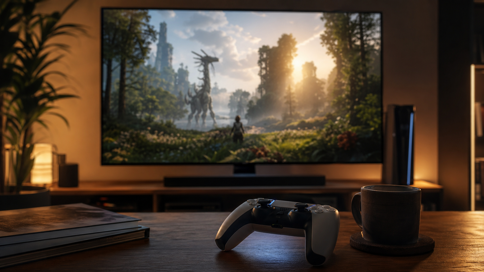 Controle em mesa de sala diante de TV com cena desfocada de floresta pós-apocalíptica.