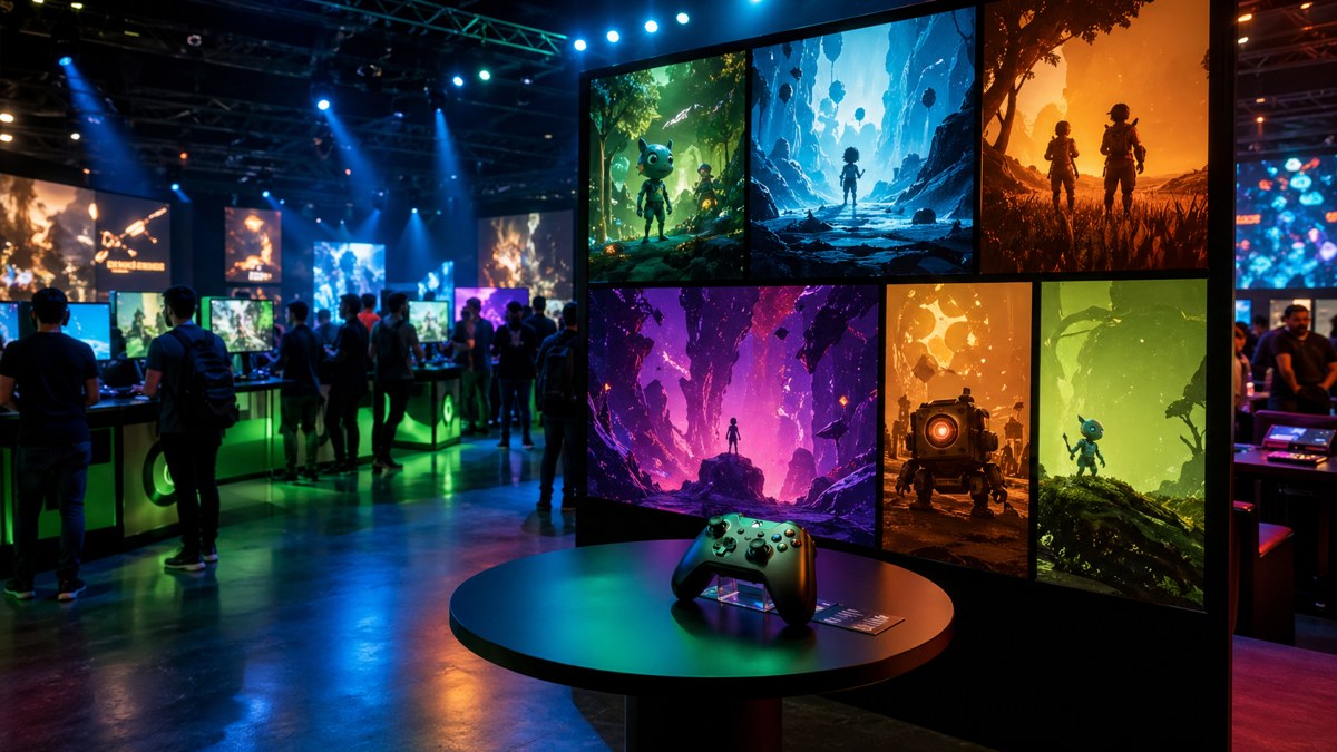 Palco de showcase indie com telas e controle sugerindo curadoria de jogos do Xbox.