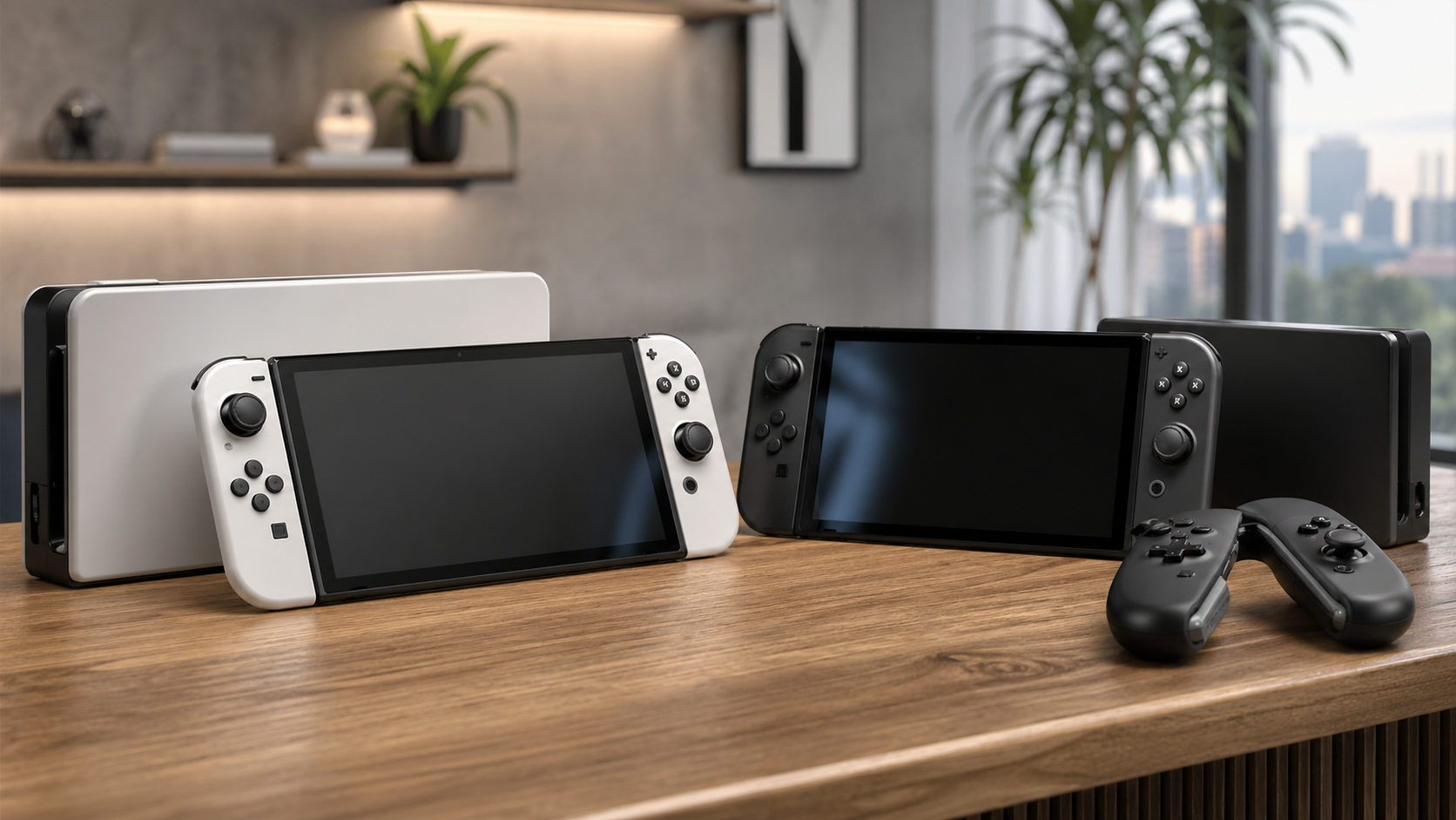 Comparacao editorial entre um console hibrido mais novo e um modelo portatil premium anterior em setup domestico.