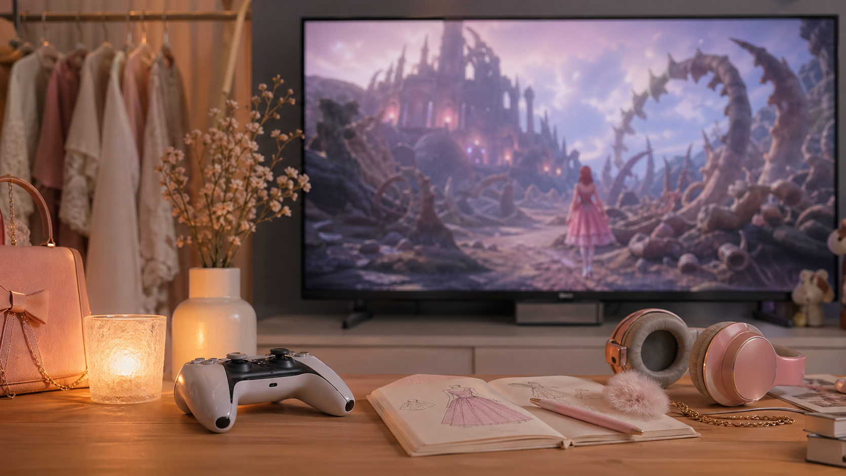 Canto de jogos com acessórios de moda e TV exibindo paisagem fantástica desfocada.