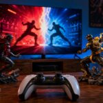 Mesa gamer com duas figuras de acao genericas, controle e tela com arena de luta estilizada.