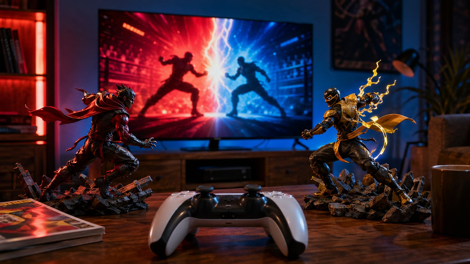 Mesa gamer com duas figuras de acao genericas, controle e tela com arena de luta estilizada.