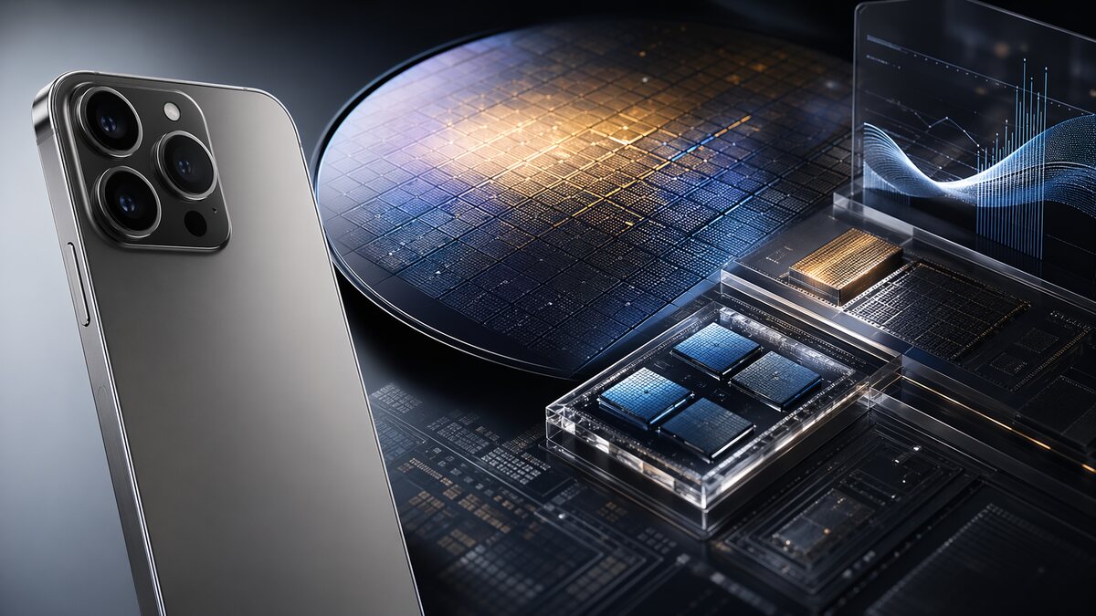 Render editorial de smartphone e chip avançado para rumores de iPhone 18 Pro.