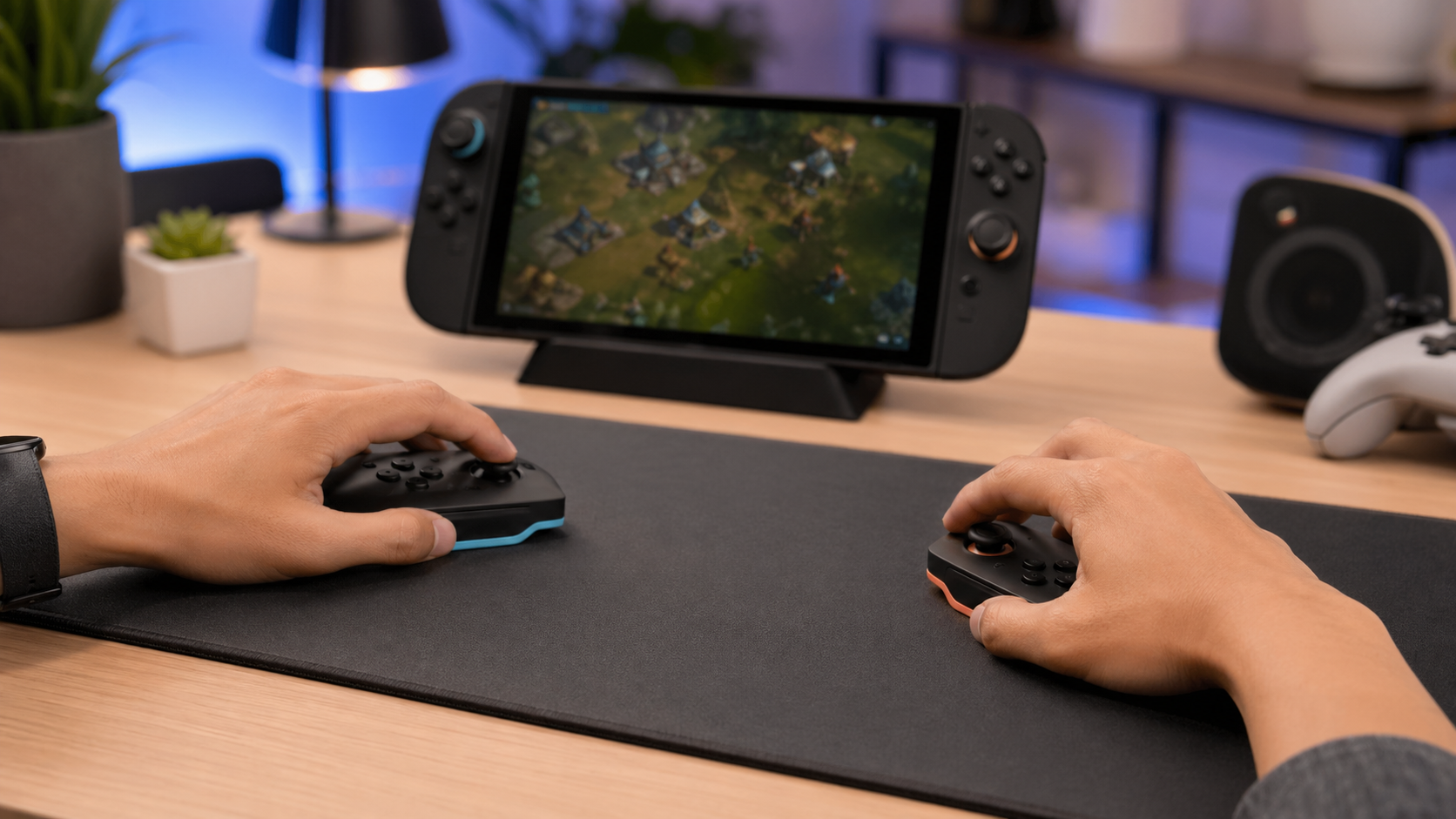 Controles destacáveis sendo usados como mouse em uma mesa de jogos.