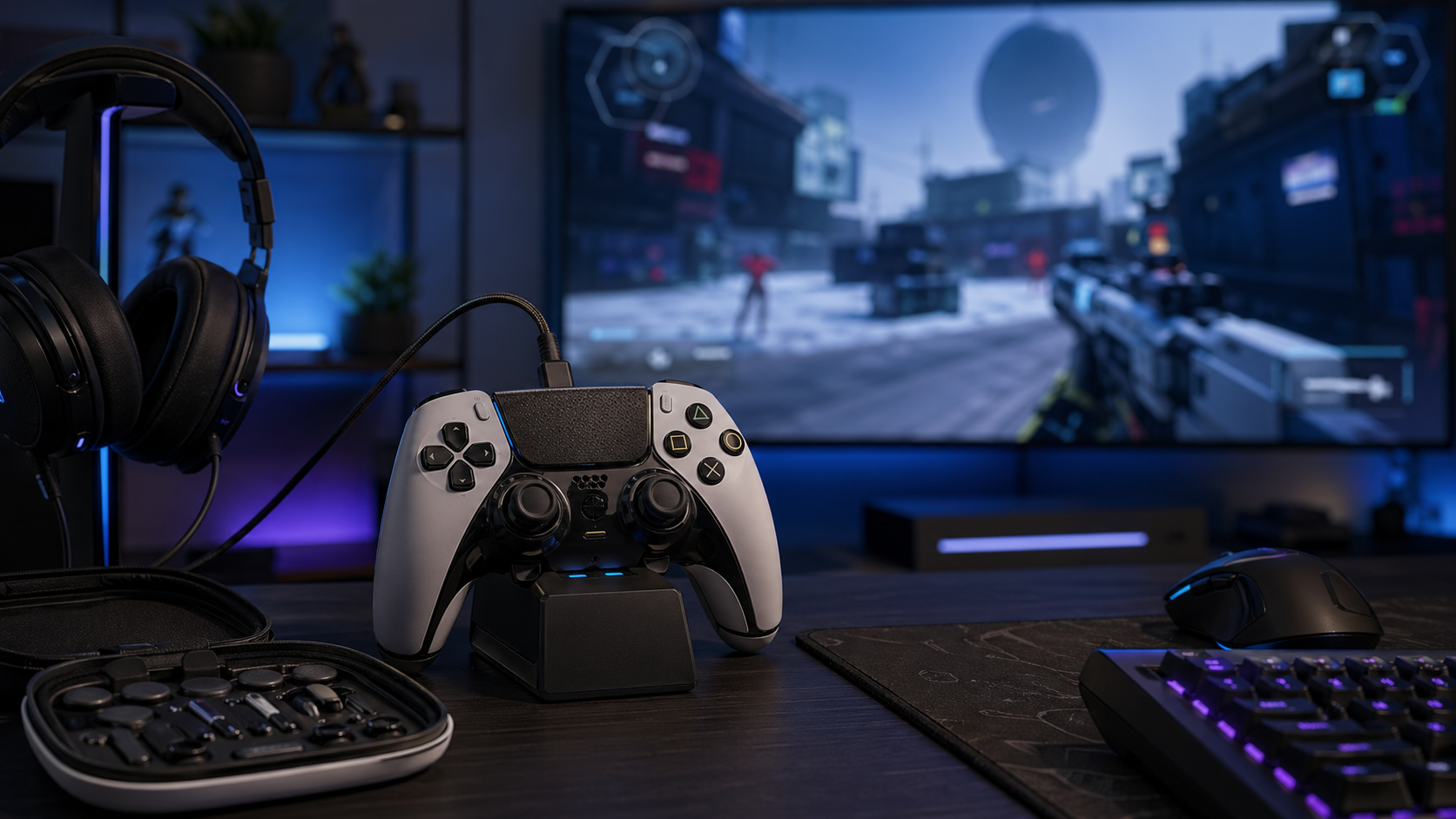 Controle premium, cabo e headset em mesa gamer com arena sci-fi desfocada na TV.