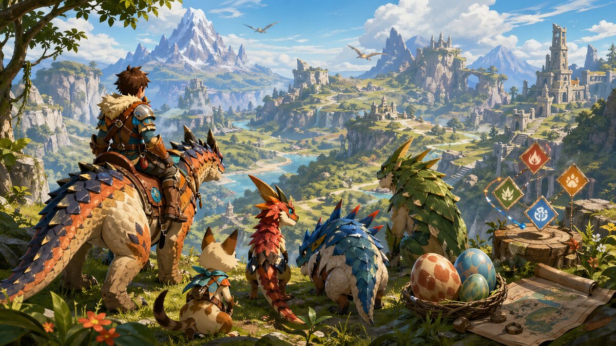 Ilustração de aventura RPG com monstros companheiros e estratégia por turnos.