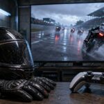 Capacete de corrida, luvas e controle diante de uma tela com pista molhada e motos desfocadas.