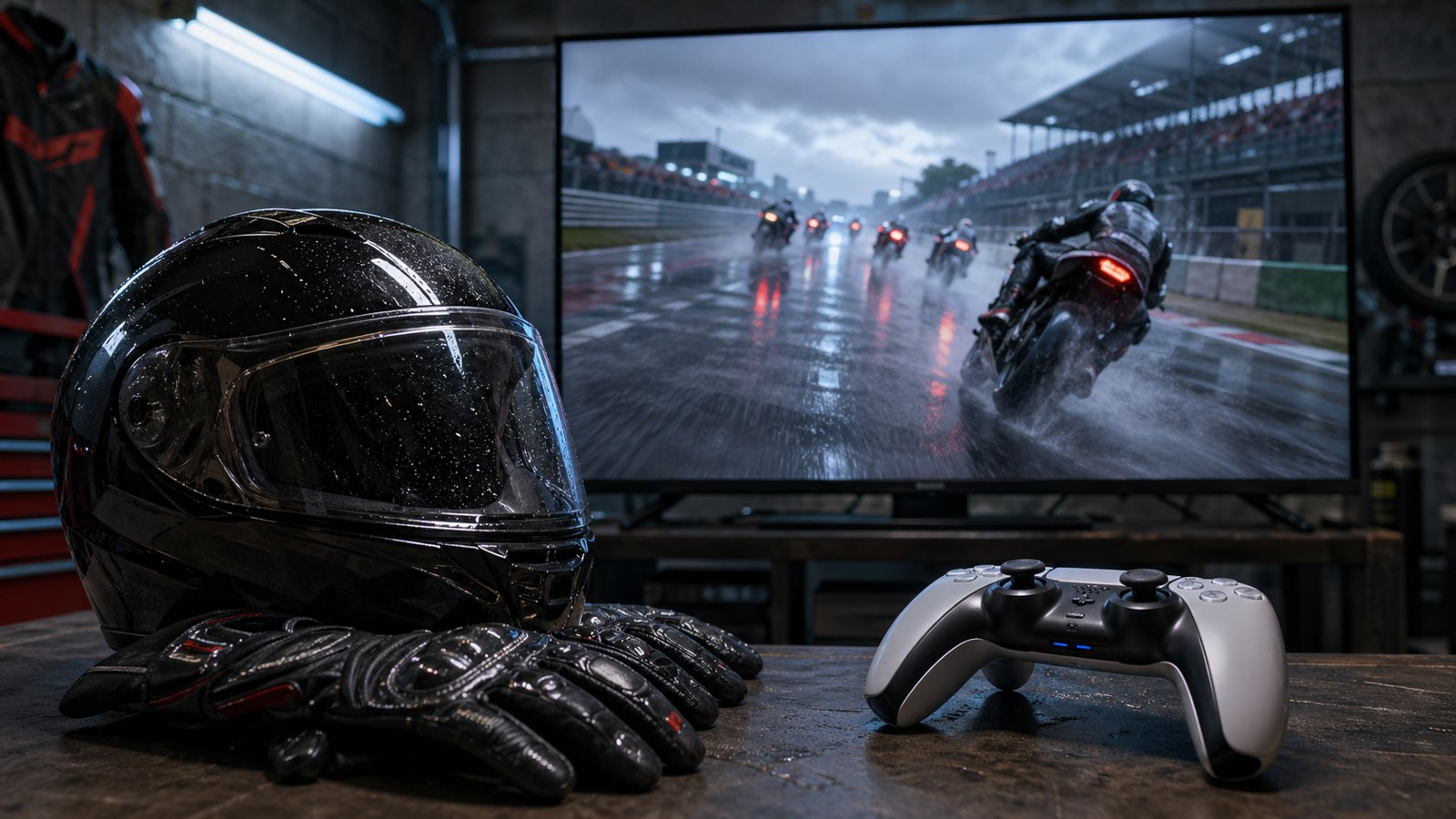 Capacete de corrida, luvas e controle diante de uma tela com pista molhada e motos desfocadas.