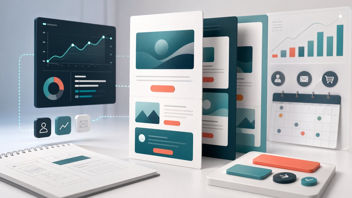 Ilustração de newsletter de design com estrutura, CTA e métricas.