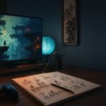 Mesa de jogo com controle, caderno de plataformas desenhadas e tela com paisagem lateral estilizada.