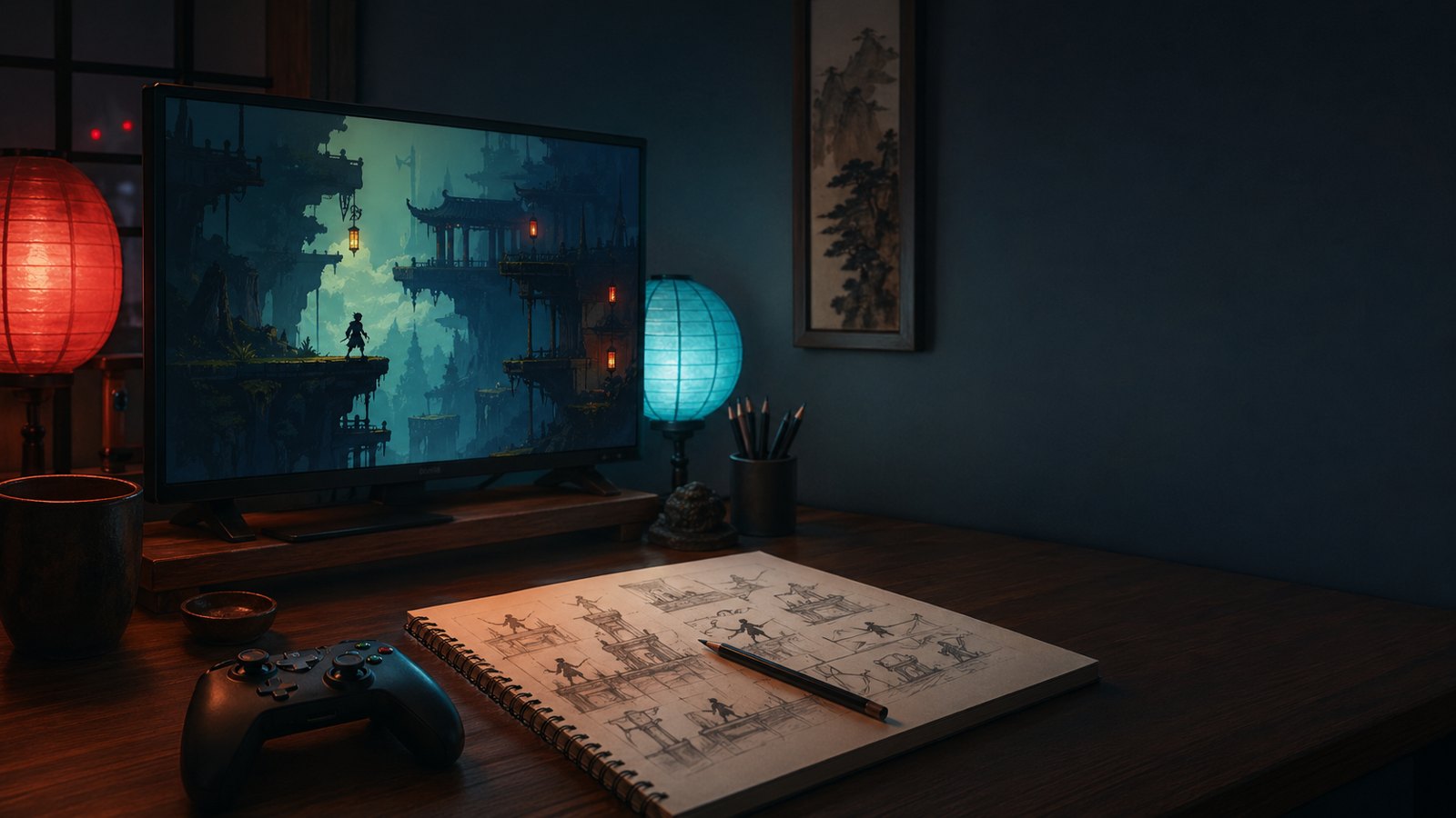 Mesa de jogo com controle, caderno de plataformas desenhadas e tela com paisagem lateral estilizada.