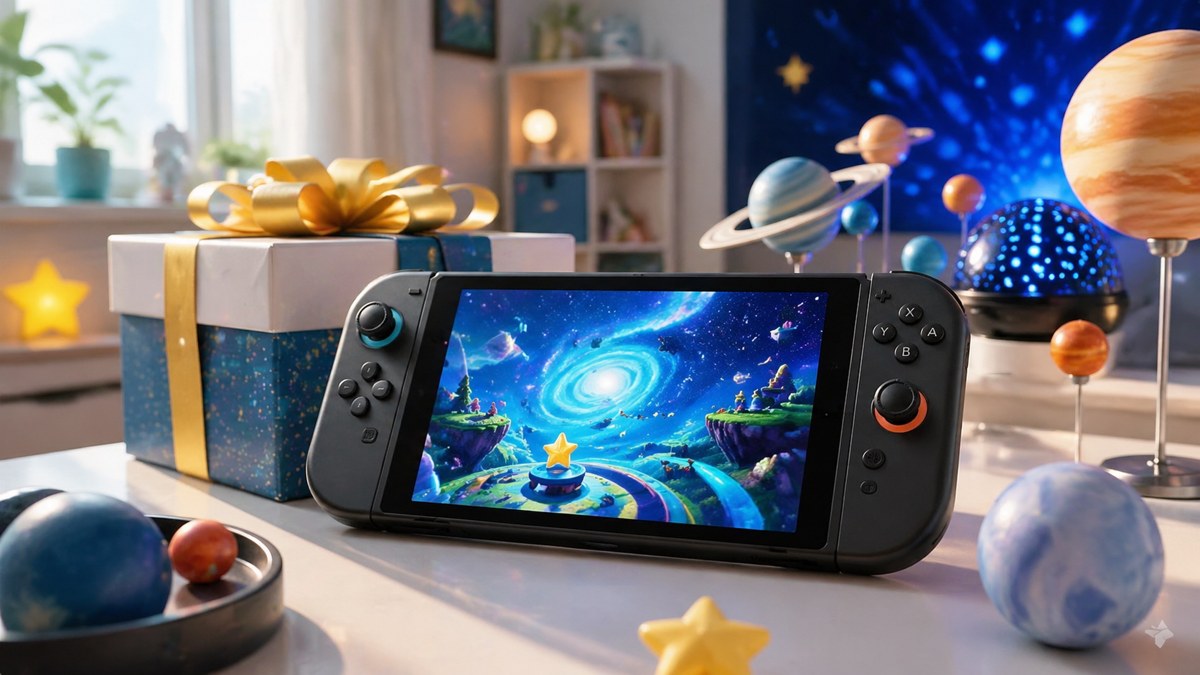 Console portatil em ambiente claro com objetos que lembram uma aventura espacial.