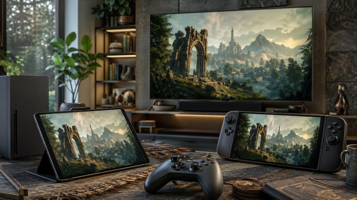 Ambiente de jogo com TV, controle e tablet sugerindo mais de uma forma de acessar um RPG de fantasia.