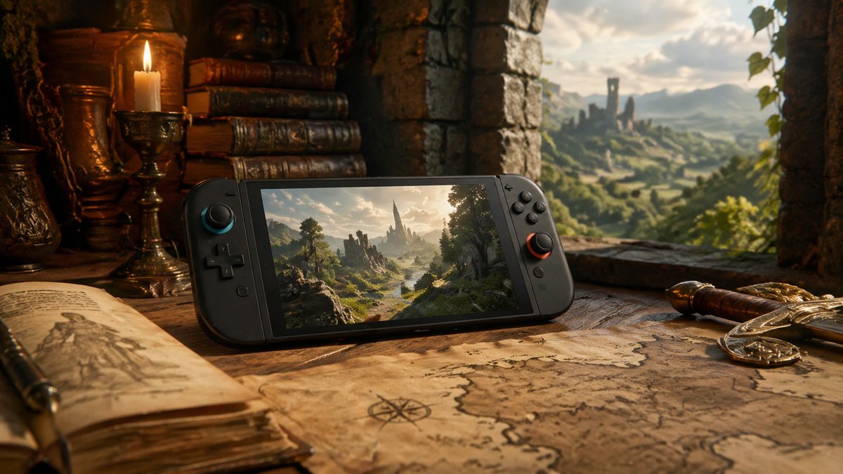 Console portatil ao lado de mapas e livros com paisagem de fantasia ao fundo.