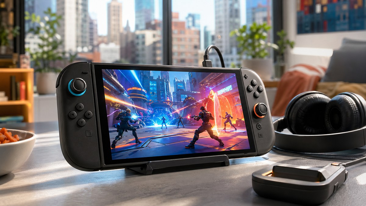 Console portatil em um ambiente claro com clima de jogo competitivo e multiplayer.