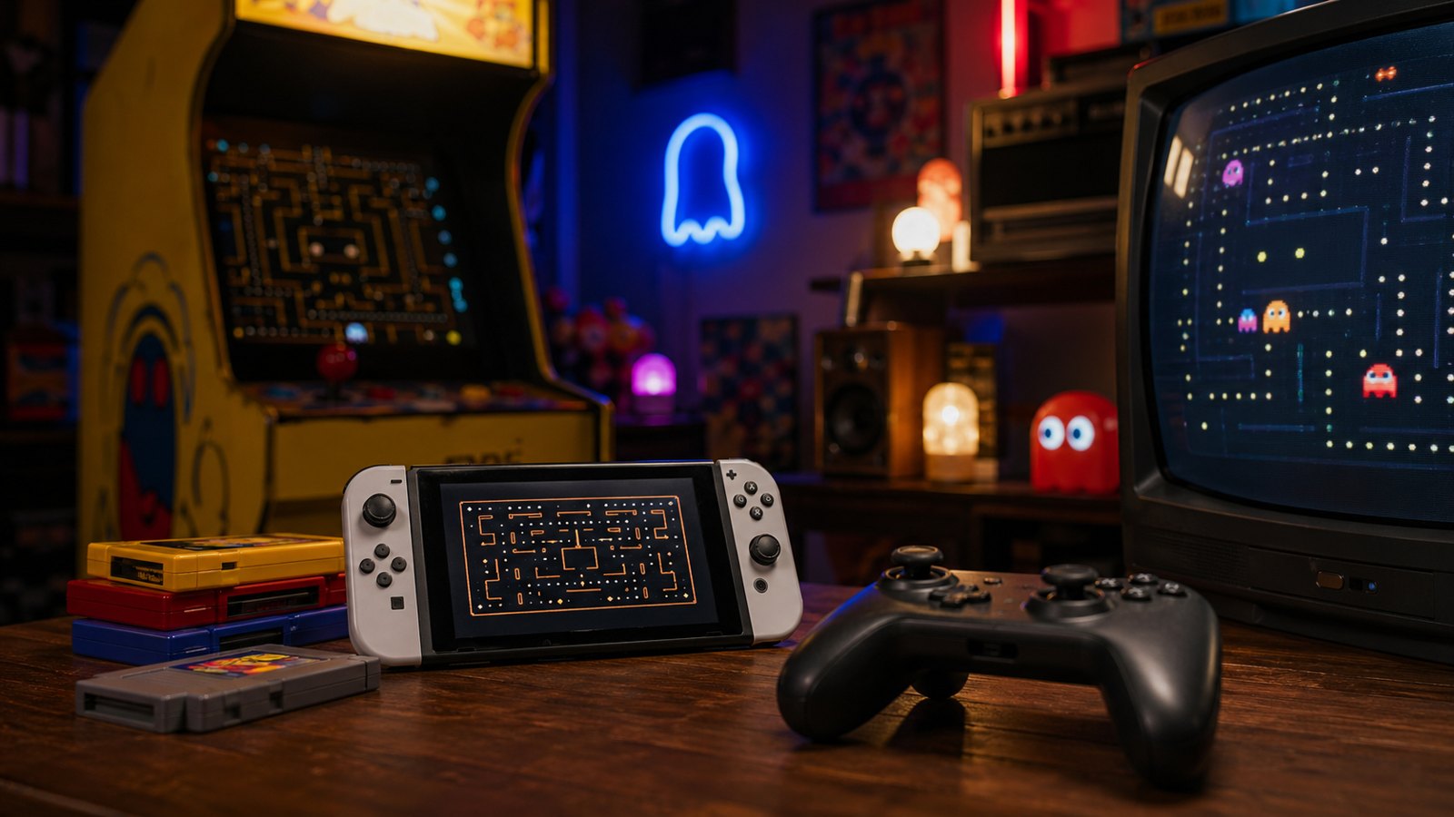 Sala retro com console portatil, controle, gabinete arcade amarelo generico e luz de CRT.