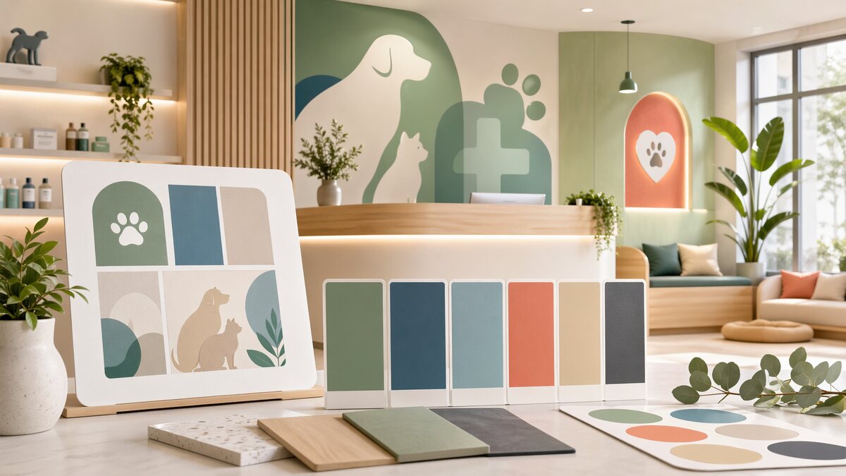 Ilustração de paleta de cores para clínicas veterinárias com acolhimento e higiene.
