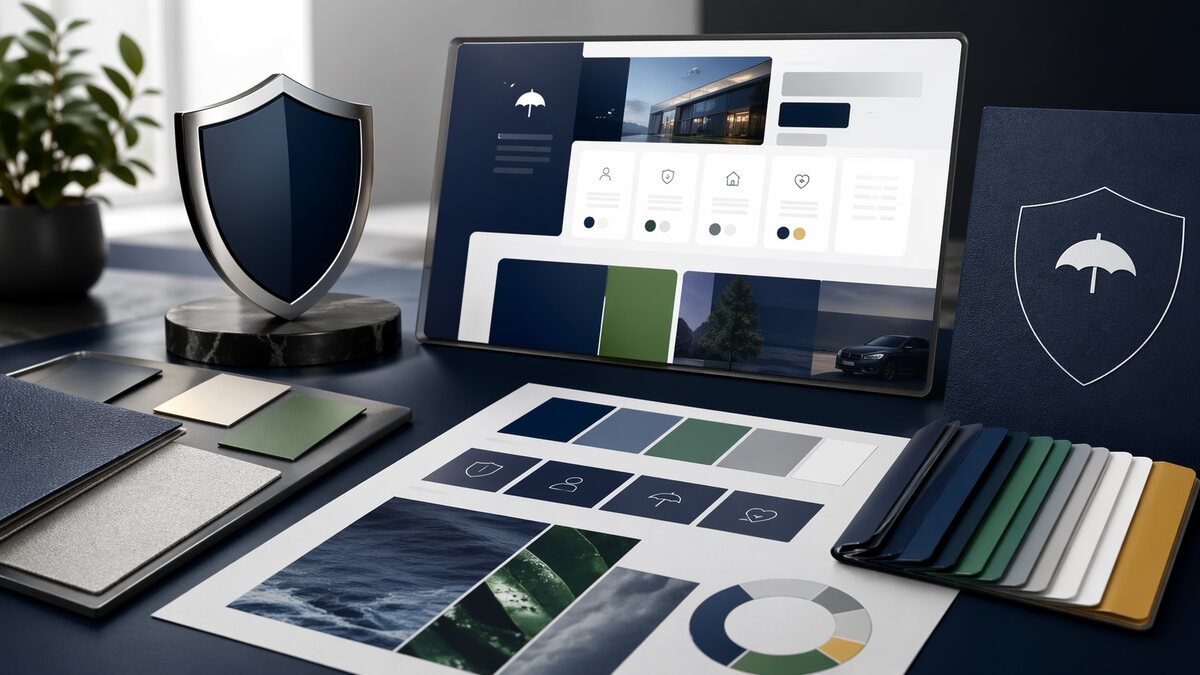 Ilustração de paleta de cores para corretores de seguros com foco em confiança.