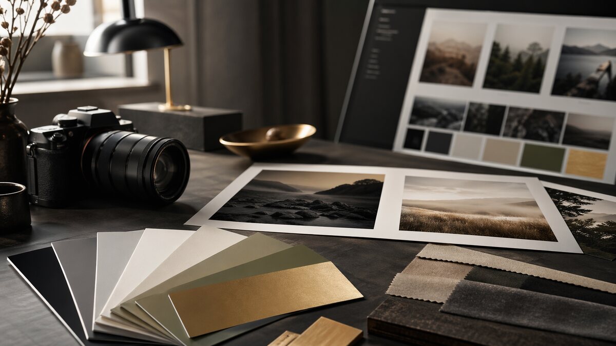 Ilustração de paleta de cores para fotógrafos e portfólio visual.