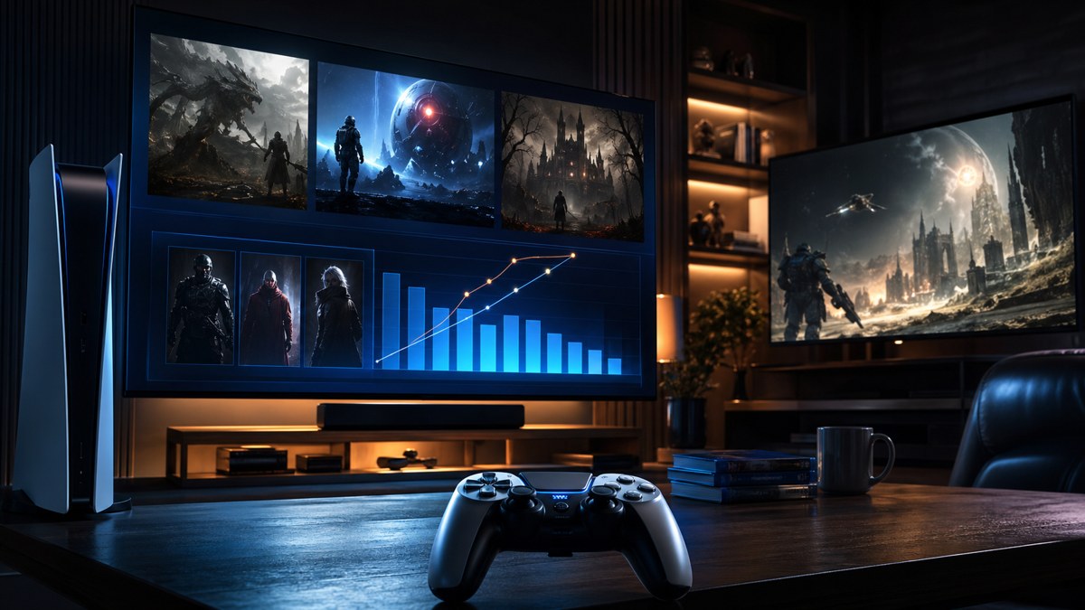 Sala com controle em primeiro plano e telas sugerindo ranking de jogos na PlayStation Store.
