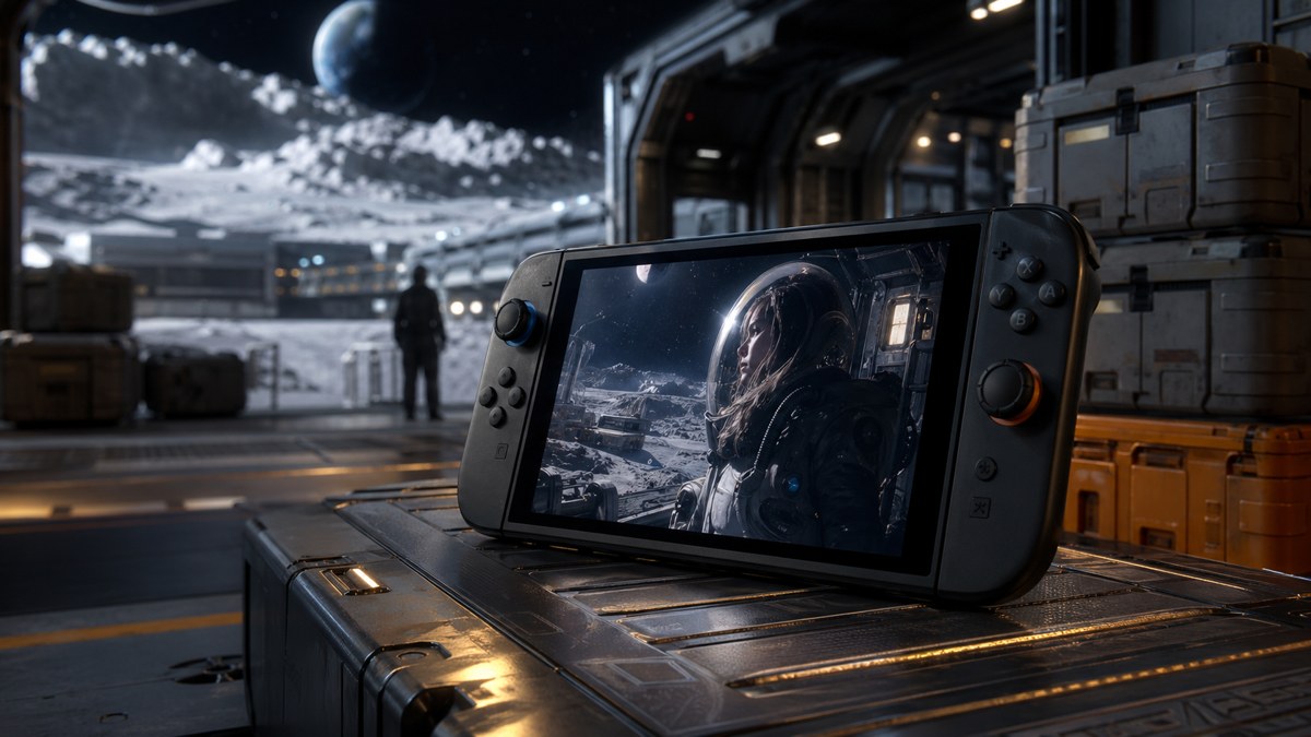 Console portatil em ambiente futurista lunar com clima de ficcao cientifica.