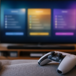 Controle de videogame em sofá diante de uma tela desfocada de planos de assinatura.