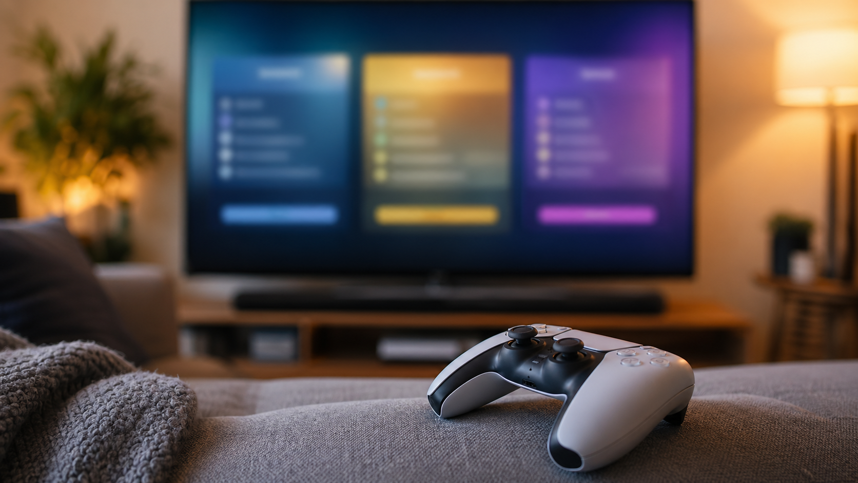 Controle de videogame em sofá diante de uma tela desfocada de planos de assinatura.