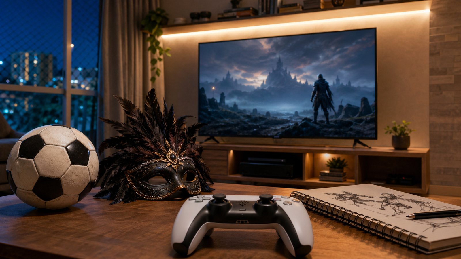 Setup de sala com controle, bola de futebol, mascara de fantasia sombria e caderno de acao sugerindo jogos do PS Plus.