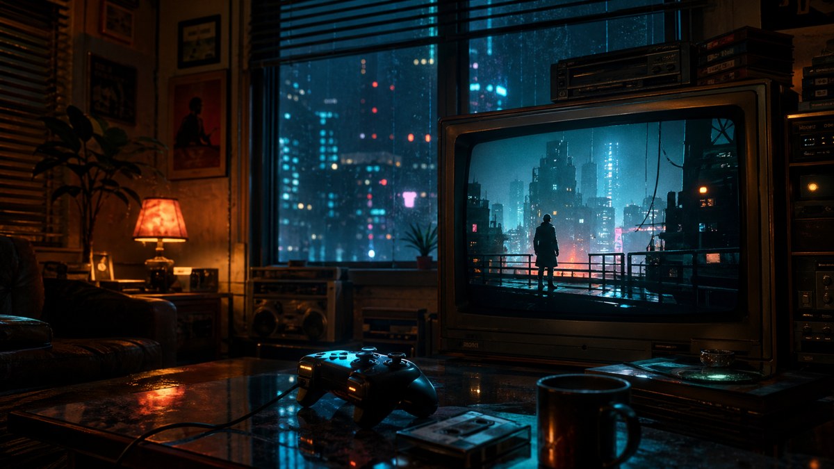 Ambiente com TV, controle e luzes neon em uma cidade retrofuturista ao fundo.