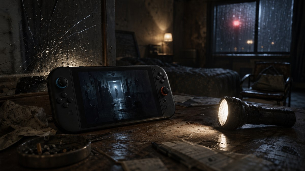 Console portatil em quarto escuro com lanterna e atmosfera de horror.