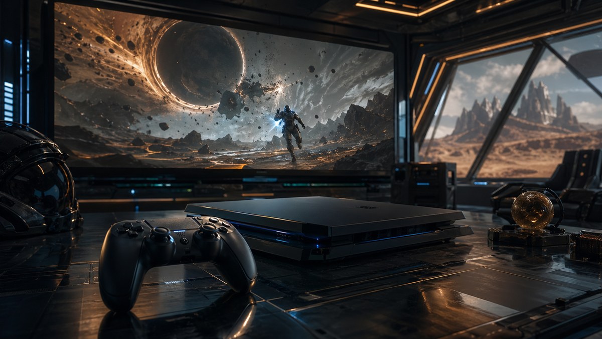 Controle e tela grande em ambiente sci-fi premium com clima de acao espacial.