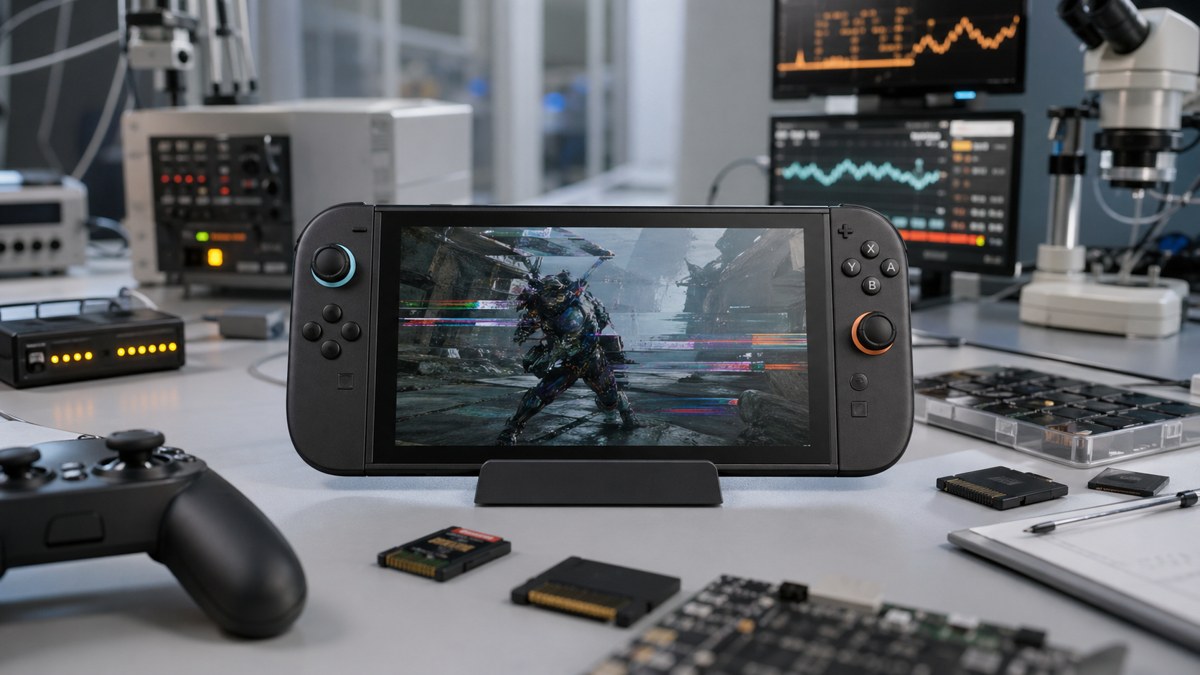 Console portatil em um laboratorio de testes com monitores e indicios de avaliacao de compatibilidade.