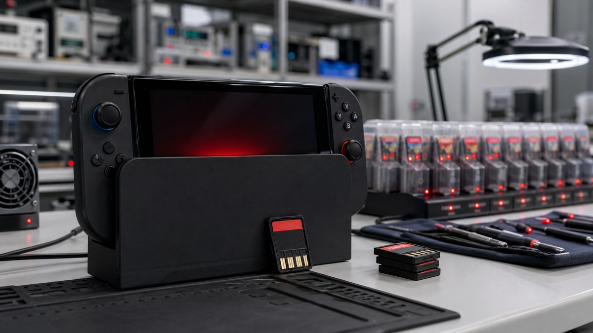 Console em bancada de testes com cartuchos e luzes de diagnostico sugerindo problemas de compatibilidade.