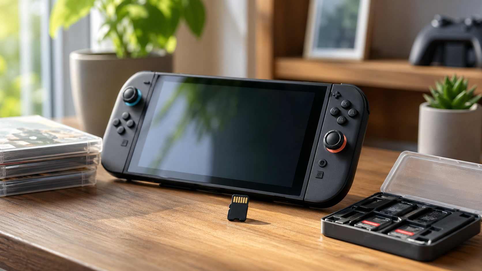 Console portátil moderno ao lado de cartão de memória em uma mesa de jogos.