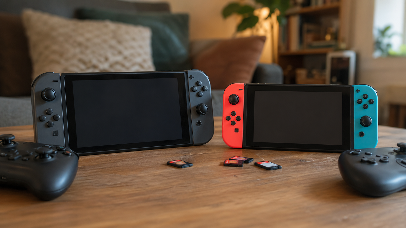 Dois consoles portáteis de gerações diferentes sobre uma mesa com controles e jogos.