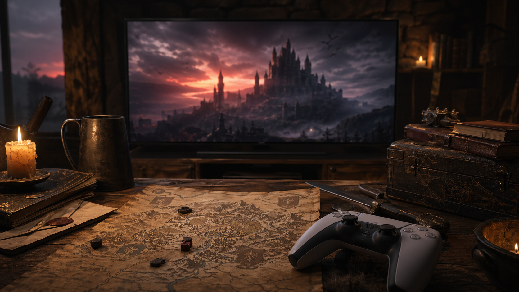 Controle diante de uma cena medieval sombria com castelo e luz vermelha ao fundo.