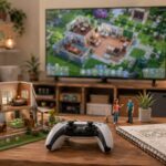 Diorama de casa em miniatura com controle e tela mostrando uma grade generica de simulacao de vida.