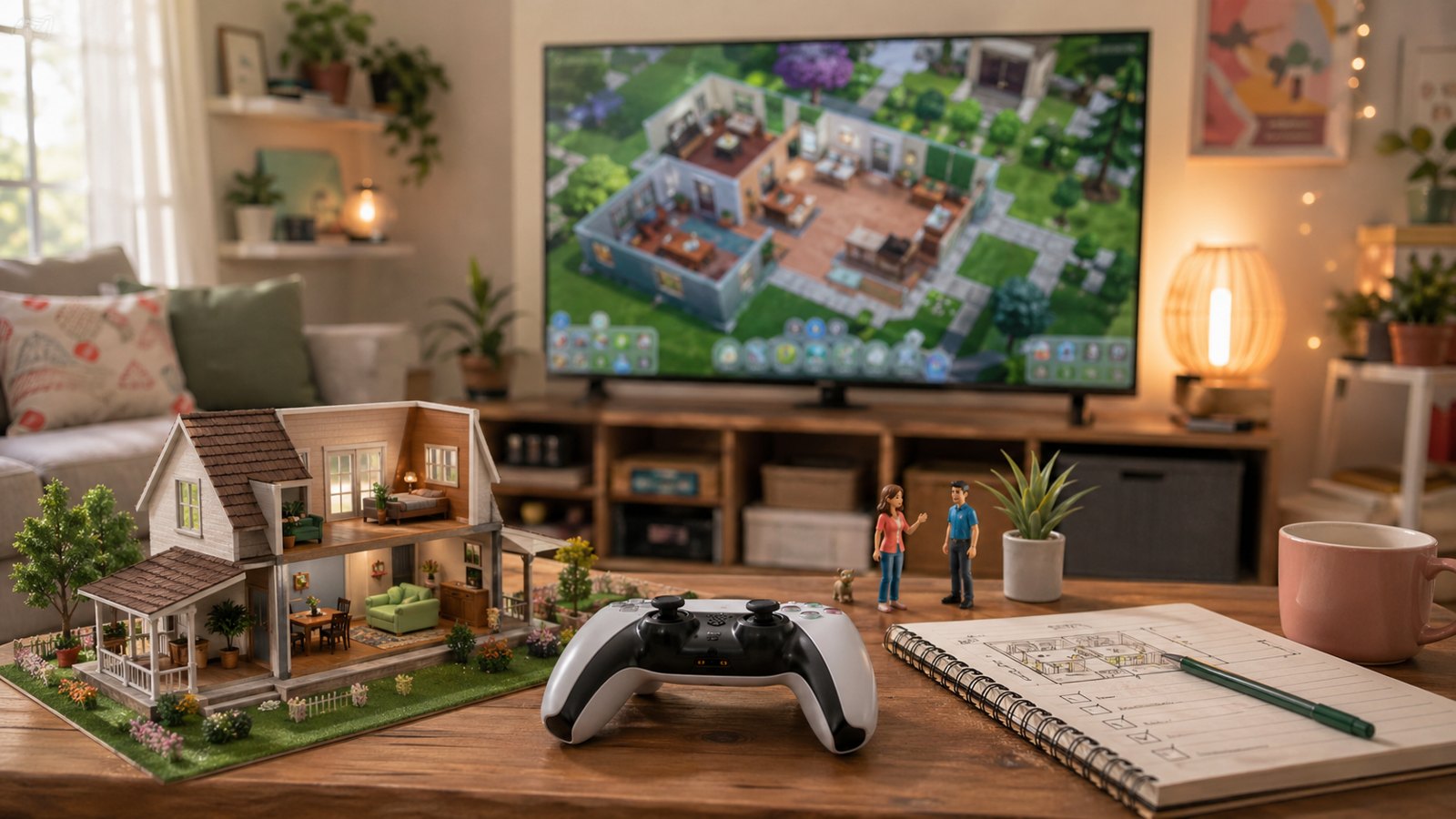 Diorama de casa em miniatura com controle e tela mostrando uma grade generica de simulacao de vida.