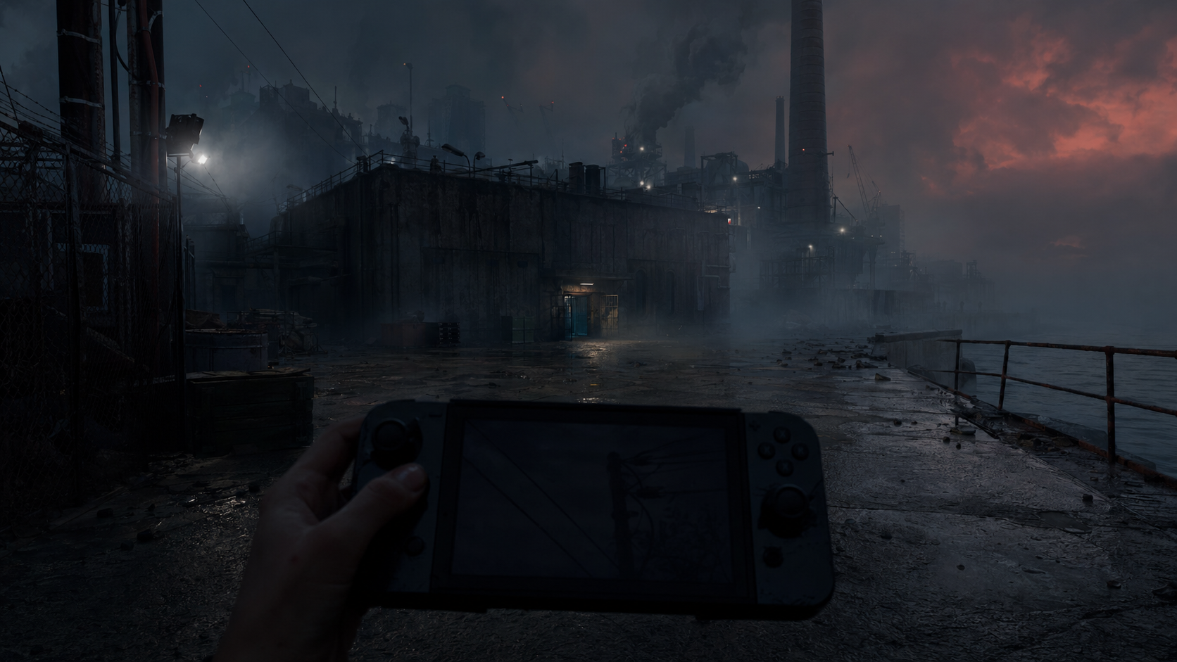 Cenario sombrio de survival horror com clima industrial e atmosfera tensa, sugerindo Total Chaos no Nintendo Switch 2.