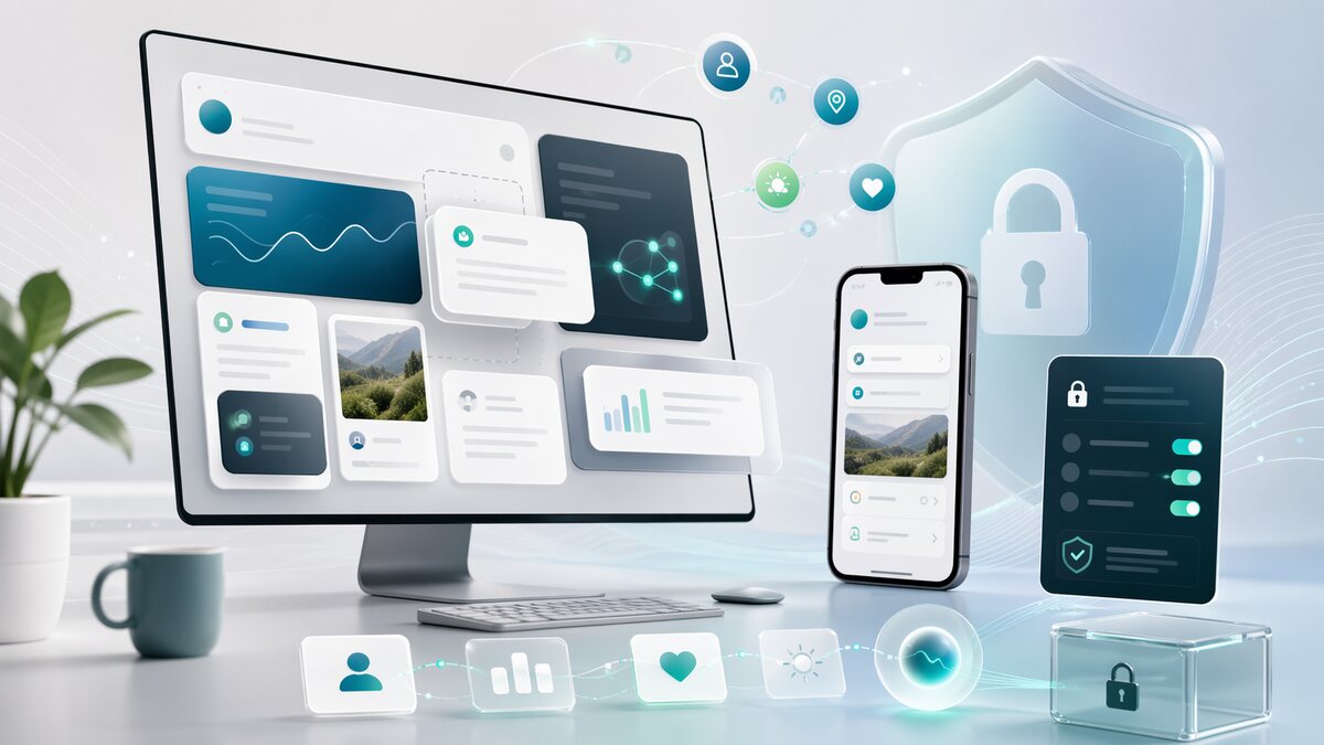 Ilustração de UX adaptativa com IA, personalização e controle do usuário.