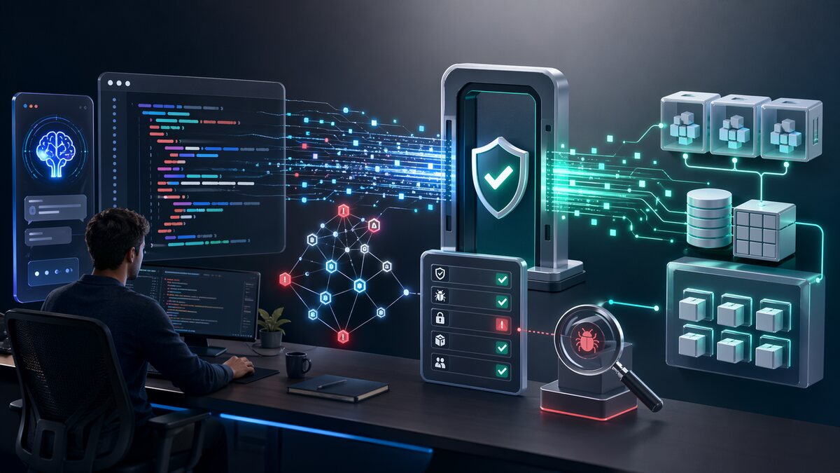 Ilustração de código gerado por IA passando por revisão de segurança.