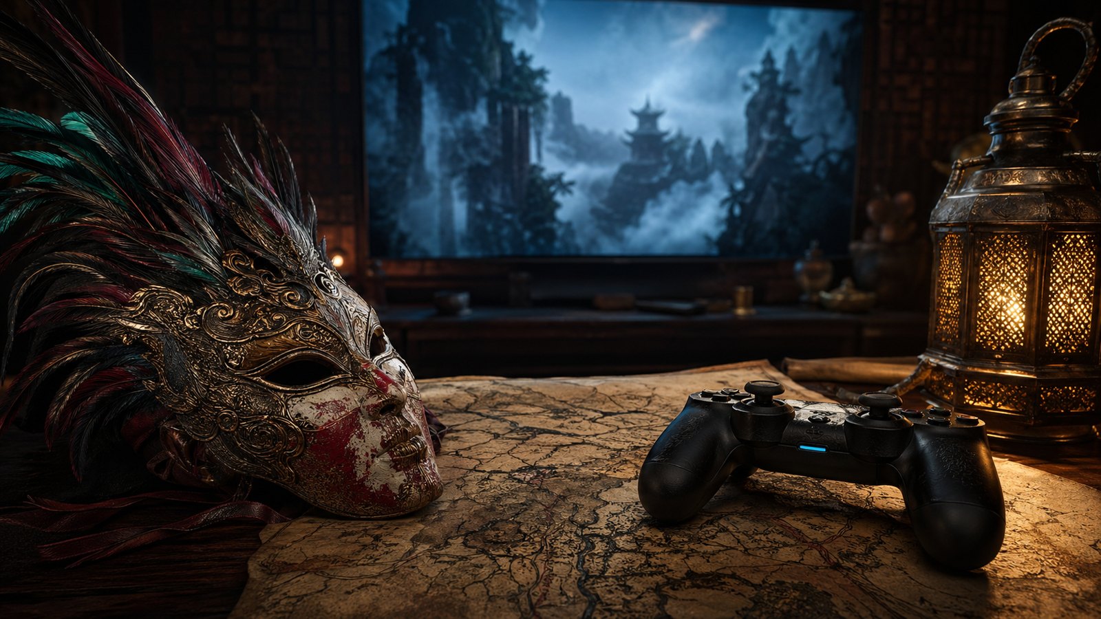 Mascara de guerreiro com penas, mapa antigo, lanterna e controle em clima de fantasia sombria.