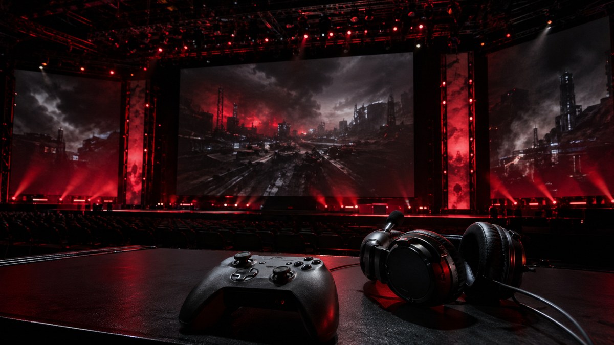 Palco escuro com controle em primeiro plano e clima de transmissao do Xbox.