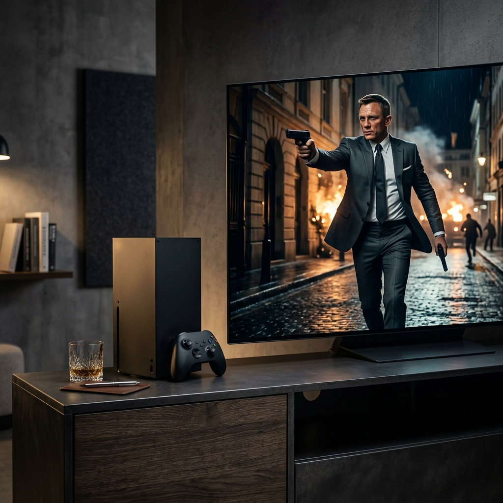 Console de videogame de ultima geracao ao lado de uma TV exibindo cena cinematografica de espionagem em alta definicao.