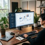 Espaco de trabalho moderno com monitor exibindo layout de interface gerado por inteligencia artificial em 2026