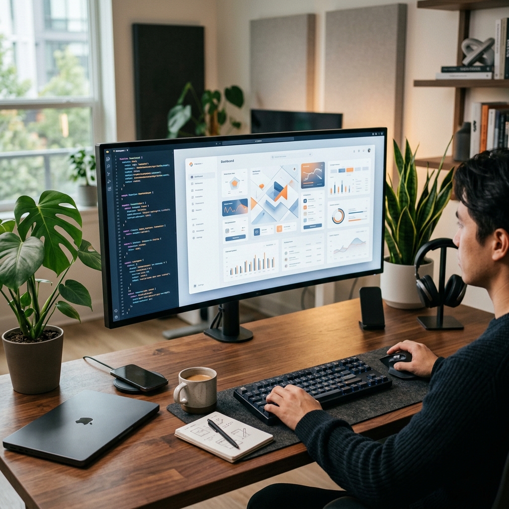 Espaco de trabalho moderno com monitor exibindo layout de interface gerado por inteligencia artificial em 2026