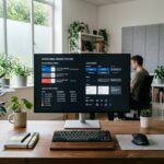 Uma fotografia editorial de uma estacao de trabalho moderna mostrando uma tela com tokens de design system focado em acessibilidade.